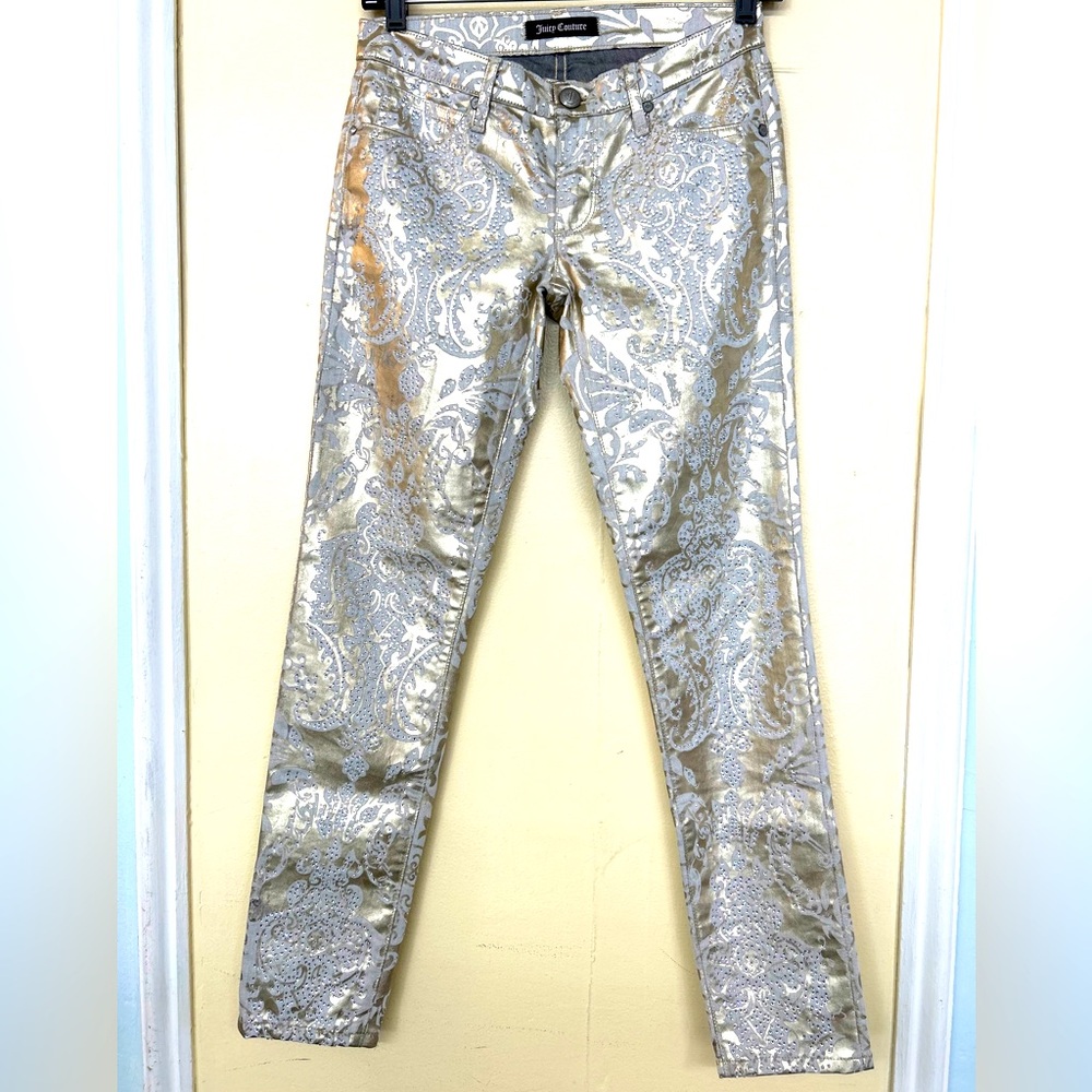 SUPER RARE JUICY COUTURE x SWAROVSKI Crystals sz 25 gold foil opulent jeans